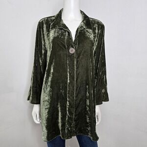 Habitat Olive Green Shirt Crushed Velvet Button Down 3/4 Slv Top Blouse Size L